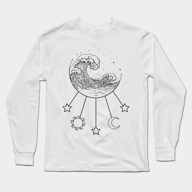 Bohemian Aesthetic Great Wave Off Kanagawa Celestial Long Sleeve T-Shirt by Alex21